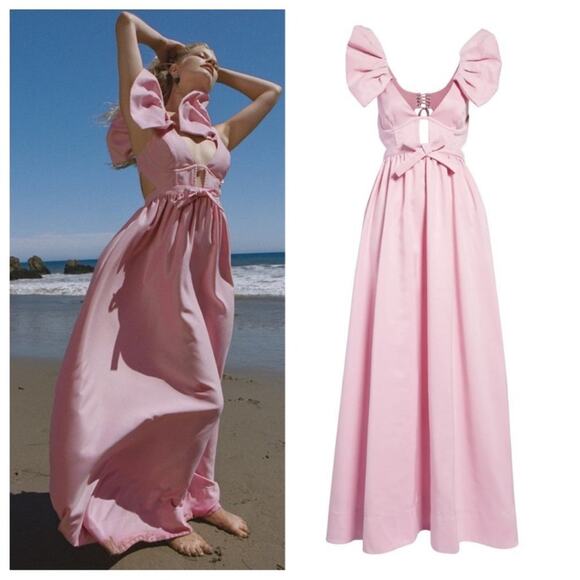 For Love & Lemons Miriam Ruffle Sleeve Bow Detail Pink Maxi Dress Sz Small - Picture 5 of 15